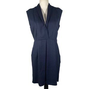 Adam Lippes Navy Wool Sleeveless V neck pleated shift Dress Size 8 business pro